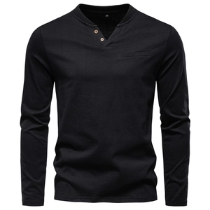 Men Cotton Henley T-Shirt Long Sleeve Slim Fit V Neck Two Button Placket Solid Color Casual Base Layer Top For Autumn