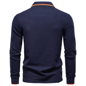 Classic navy blue long-sleeved polo shirt for men with red and yellow striped collar