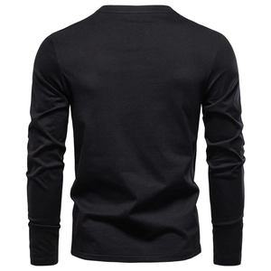 Men's slim fit black long sleeve cotton T-shirt shown from a clear back view perspective