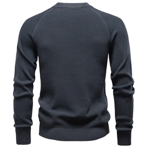 Back view of premium men's charcoal grey knitted sweater with raglan sleeves and rib trim