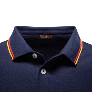 Classic navy cotton long sleeve polo shirt for men featuring striped collar detail