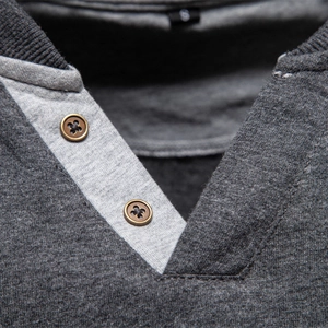 Men's fashion V-neck long sleeve shirt in dark grey knit with vintage buttons