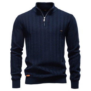 Men Half Zipper Stand Collar Sweater Cotton Blend Ribbed Knit Long Sleeve Top Business Casual Slim Fit Pullover For Men