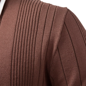 Men's brown half-zip polo knit sweater featuring premium vertical ribbed texture and collar