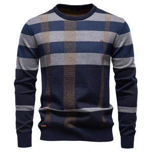 Pull en Tricot pour Hommes Taille Européenne Mélange de Coton Business Décontracté Plaid Patchwork Manches Longues Col Rond Coupe Slim