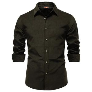 Camicia da uomo in velluto a coste verde oliva a maniche lunghe con colletto classico
