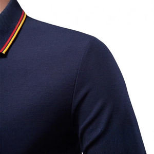 Men's navy pique polo shirt featuring a striped collar and premium cotton texture