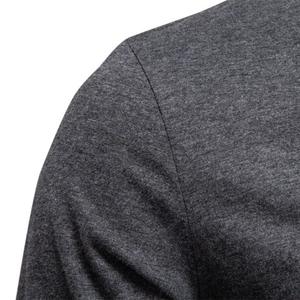 Men's V-neck long sleeve tee in dark grey heathered cotton blend fabric texture