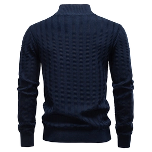 Men's navy blue vertical ribbed knit quarter-zip sweater with high collar back view