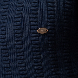 Men's dark blue striped sweater featuring high-quality knitted fabric and metal logo detail