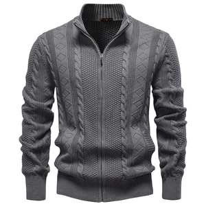 Men's Thick Cable Knit Cardigan Sweater Stand Collar Zipper Cotton Blend Warm Casual Autumn Winter Outerwear Jacket