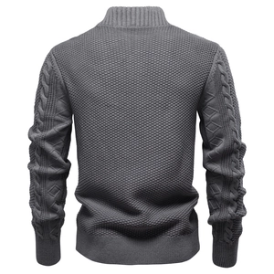 Men's dark grey high collar knit cardigan sweater featuring cable knit sleeves, back view