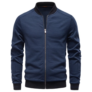Men Casual Bomber Jacket Cotton Polyester Blend Baseball Collar Ribbed Trim Windproof Zip Up Outerwear For Daily Work