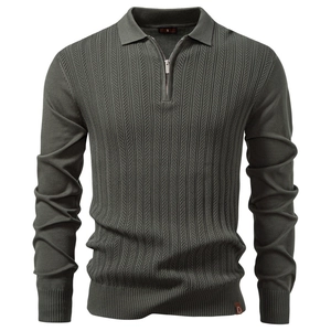 Polo in Maglia con Mezza Zip Uomo Business Casual Tessuto Testurizzato Misto Viscosa Traspirante Slim Fit Maglione Manica Lunga