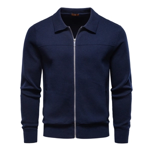 Gilet en maille bleu foncé pour homme avec fermeture éclair, col polo et bords-côtes