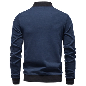 Men's navy casual baseball jacket with black ribbed trim and textured knit fabric