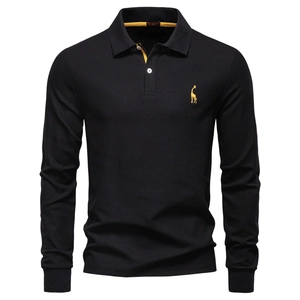 Men's Long Sleeve Polo Shirt Cotton Blend Pique Fabric Giraffe Embroidery Contrast Collar Business Casual Top For Men