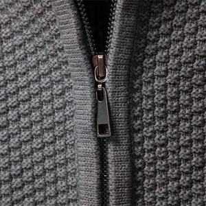 Men's dark grey knitted cardigan jacket with premium waffle texture and metal zipper detail