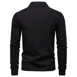 Back view of a classic black slim-fit long-sleeve polo shirt with ribbed cuffs