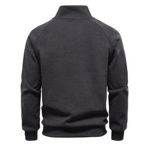 Back view of men's dark grey stand collar fleece sweatshirt with raglan sleeves