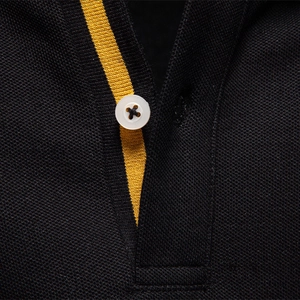 Classic black men's cotton polo shirt with contrast yellow trim detail on collar