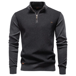 Men's dark gray knit sweater with 1/4 zipper stand collar and textured knit patterns