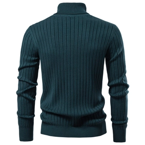 Mens dark green slim fit turtleneck ribbed knit sweater for autumn and winter warmth