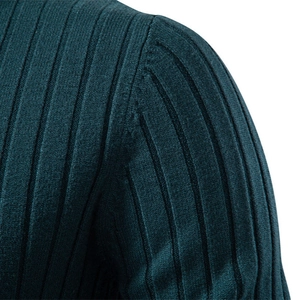 Men's dark green turtleneck sweater with vertical ribbed knit texture detail