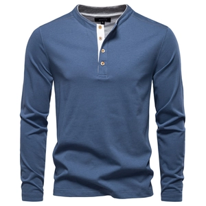 Men Long Sleeve Henley T-Shirt Contrast Color Placket 100% Cotton Slim Fit Business Casual Top For Daily Wear AIOPESON