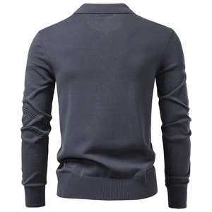 Men's dark grey knitted long sleeve polo shirt featuring unique textured sleeve patterns