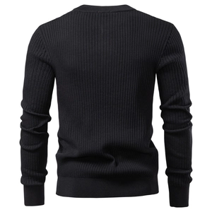 Men's slim fit black ribbed knit sweater with long sleeves shown from a back view