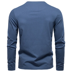 Back view of men's slate blue long sleeve henley t-shirt with reinforced round collar
