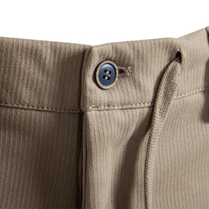 Men's khaki casual trousers with thick vertical texture, button and drawstring waist detail