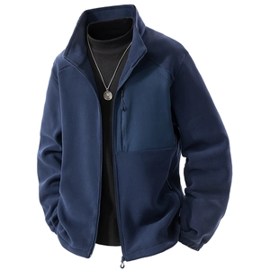 Giacca in pile blu navy da uomo con collo alto, capospalla termico caldo e antivento