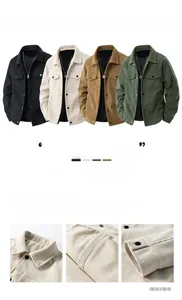 Detail view of corduroy texture, collar stitching, and metal buttons on men's jacket