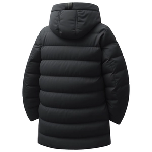 Cappotto imbottito nero da uomo medio lungo con cappuccio e trapuntatura orizzontale