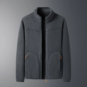 Men's grey double-sided polar fleece jacket with stand collar and orange zipper details