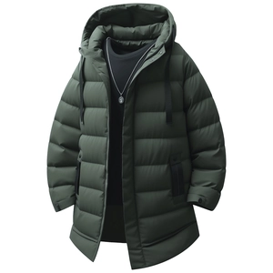 Cappotto lungo imbottito da uomo verde oliva con cappuccio e trapuntatura orizzontale