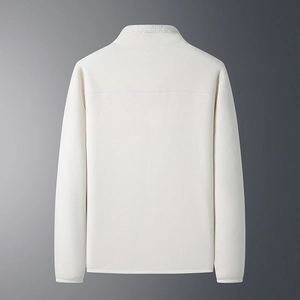 Back view of a minimalist cream white standing collar fleece jacket for men and women