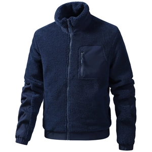 Marineblaue Teddy-Fleecejacke für Herren mit Stehkragen und Reißverschlusstasche