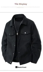 Detail of black corduroy jacket with metal buttons and classic chest flap pockets
