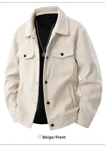 Front view of men's beige corduroy jacket featuring flap pockets and button closure