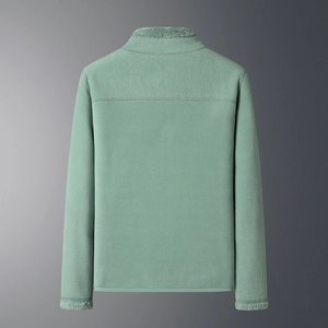 Detailed back view of bean green polar fleece jacket with stand collar and neat stitching