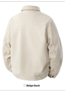 Back view of beige corduroy casual jacket with fine texture and adjustable cuffs