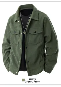 Detail of army green corduroy jacket showing texture, front pockets and black buttons