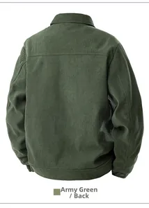 Back view of army green corduroy jacket showing thick vertical textured fabric