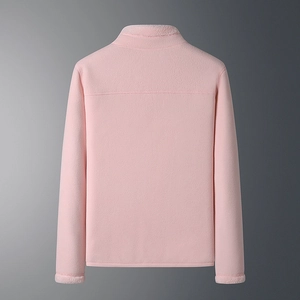 Rear view of a pink double-sided fleece jacket featuring a stand collar and elastic cuffs
