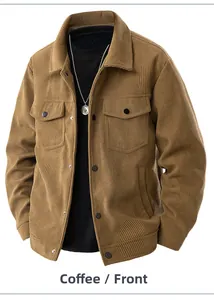 Front view of coffee corduroy jacket featuring flap chest pockets and metal buttons