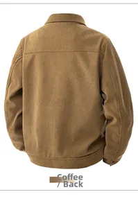 Back view of a coffee brown corduroy jacket for men with ribbed texture and back seam