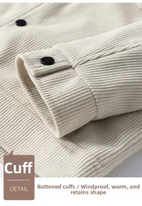 Detail view of corduroy jacket cuff featuring high-quality texture and black round button